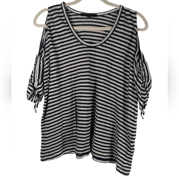 ALLSAINTS Harper LINEN COTTON Striped Cold Shoulder T-Shirt Ink Blue Size XS - Picture 6 of 14